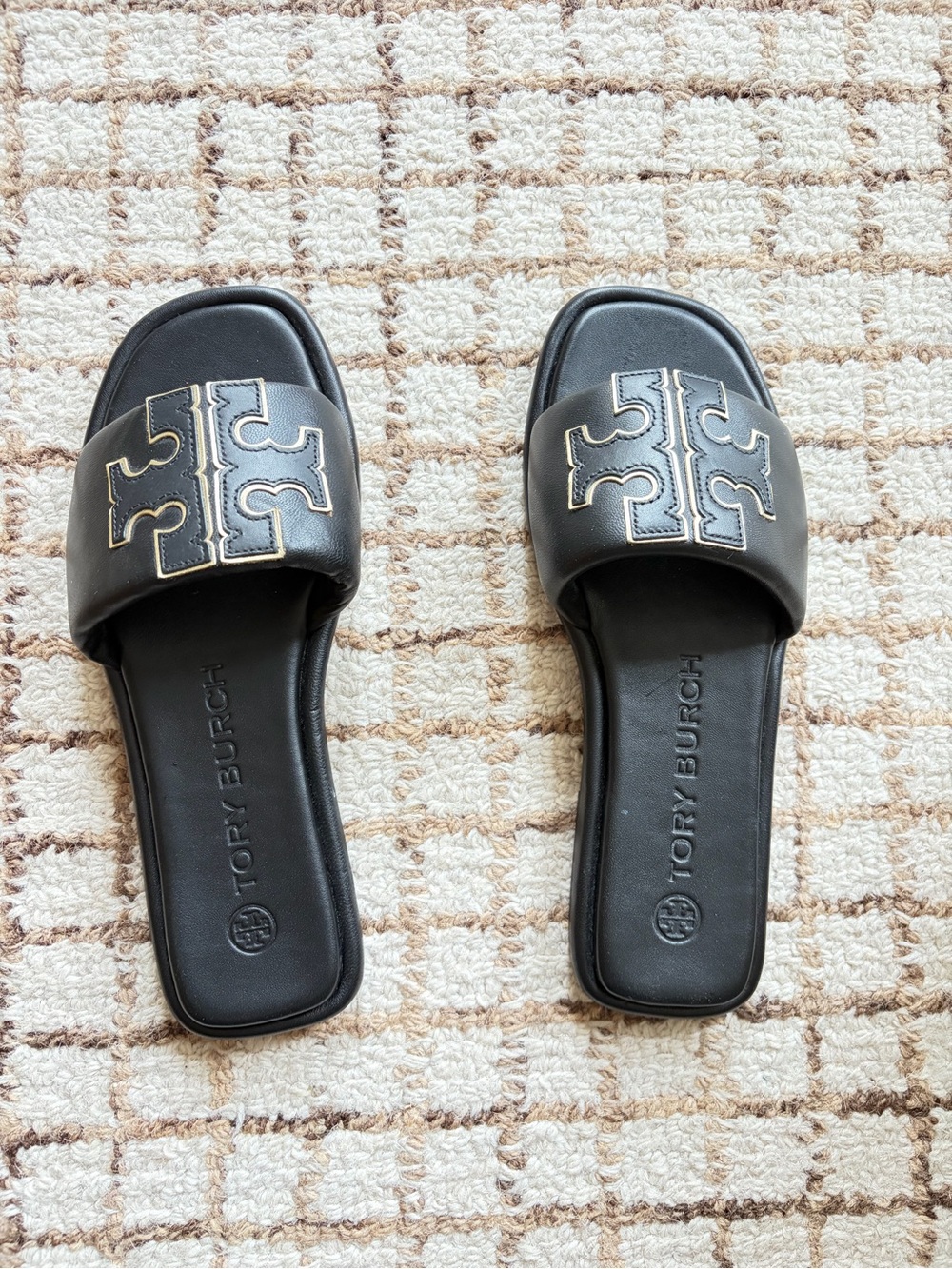 Tory Burch Black Leather Slide Sandals with Gold-Trim Logo Size 6.5